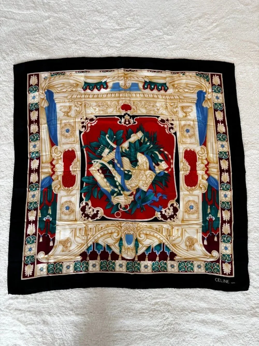 Celine Vintage Black Silk Scarf Ancient Theater Lyre Pattern Large Square